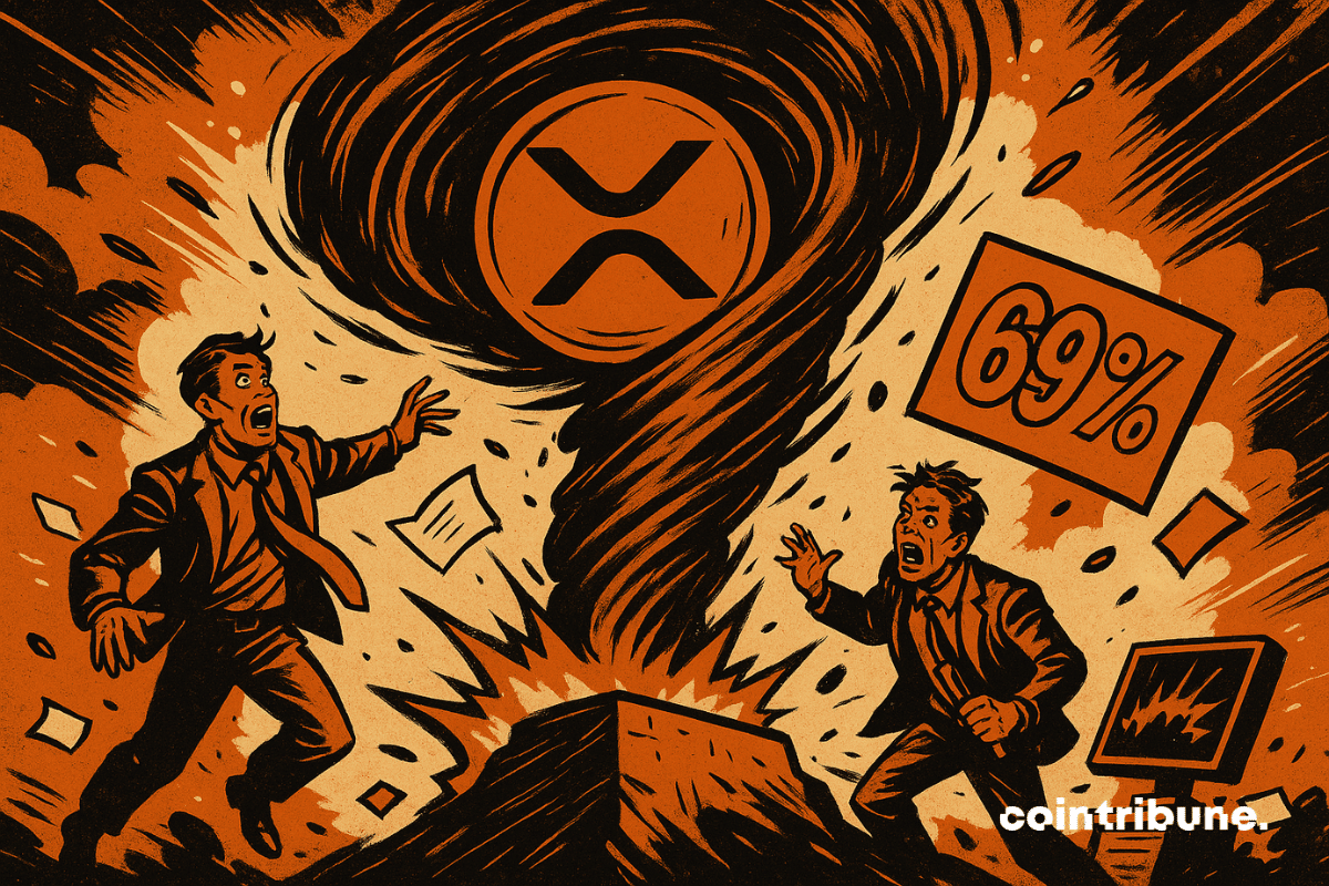 A stylized tornado with a huge XRP cryptocurrency logo at its center.