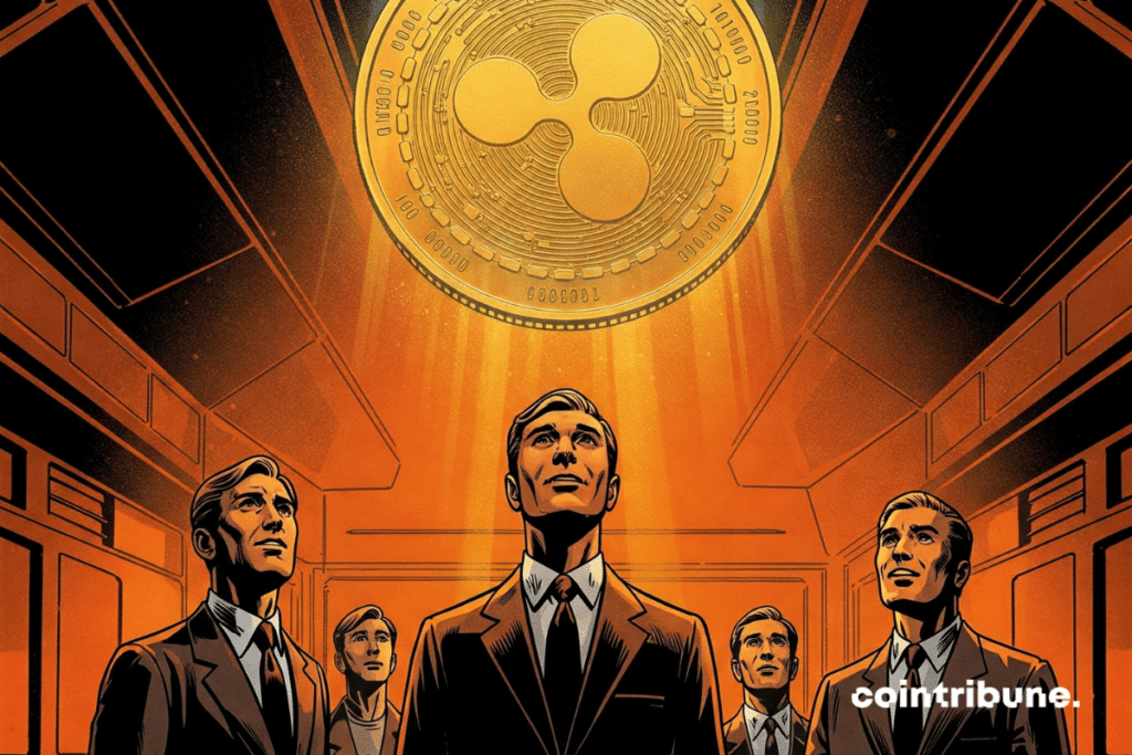 Institutional investors, standing in a dark, futuristic-looking space, look up in wonder at a huge coin of XRP, Ripple's crypto, floating brightly above them.