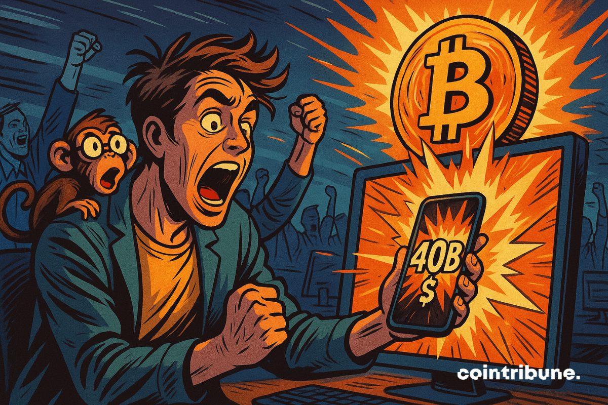 Un joven inversor en criptomonedas, con chaqueta informal, el pelo despeinado y la postura inclinada hacia una pantalla brillante que muestra “40B $” en números gigantes, simboliza la explosión de la oferta de Bitcoin.