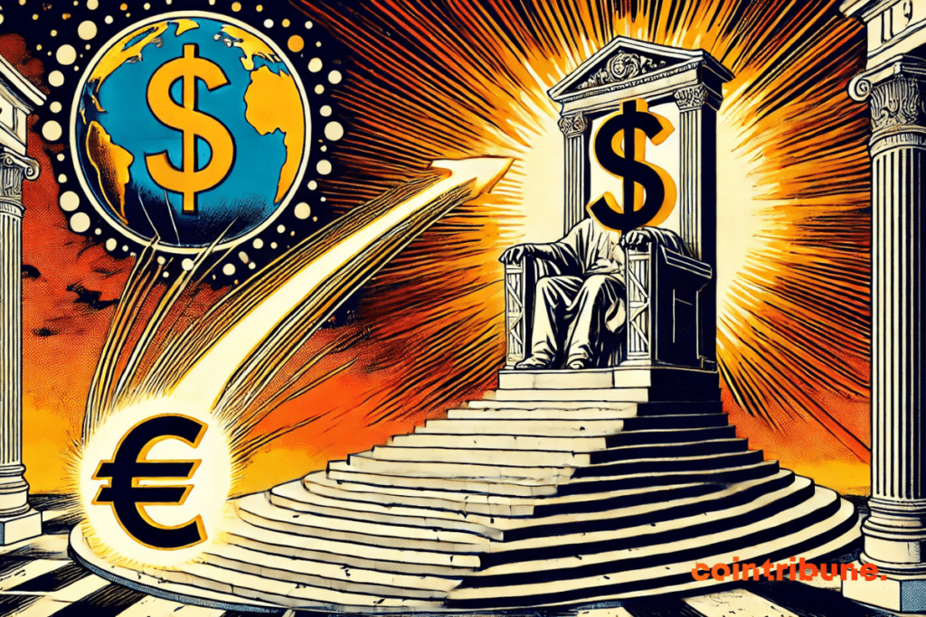 Ilustración de un dólar sentado en su trono observando la subida del euro
