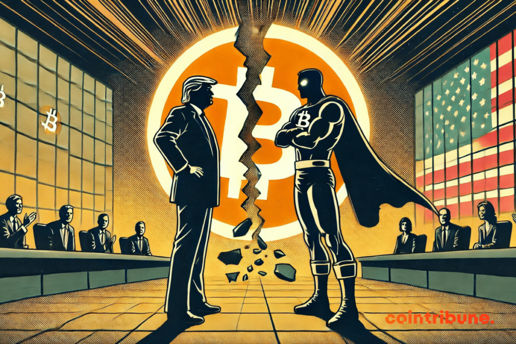 Illustration of Trump's meeting with Bukele, and broken bitcoin logo