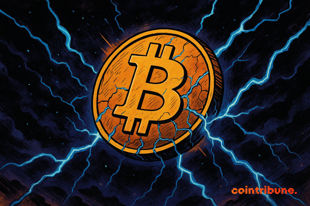 Una Bitcoin dorada flota en un espacio oscuro y fracturado, con sus grietas iluminadas por destellos azul eléctrico. La atmósfera cósmica, acentuada por intensos contrastes de azul y violeta, evoca una tensión dramática ante una amenaza invisible. El estilo de cómic de los años 70, con sus trazos dinámicos y colores vivos, amplifica el efecto de peligro inminente.