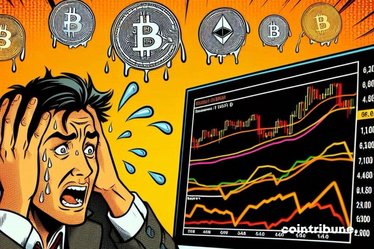Um investidor de criptografia suado em frente a um monitor que exibe as curvas de bitcoin, Ethereum e ripple.