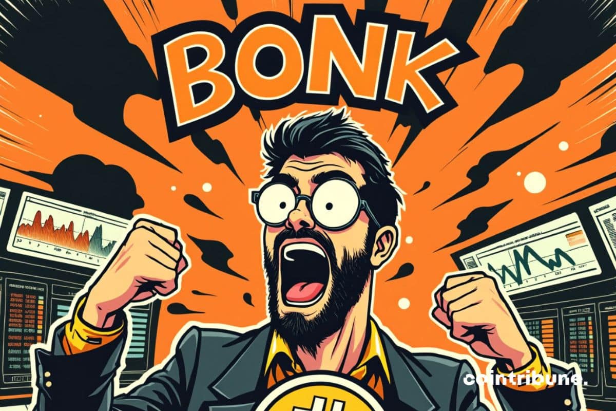 Um investidor de memecoin em uma bolsa observando o BONK explodir.