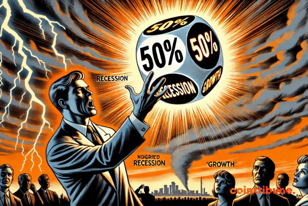 Ilustración de un presidente de Estados Unidos jugando con un dado gigante que incluye una recesión.