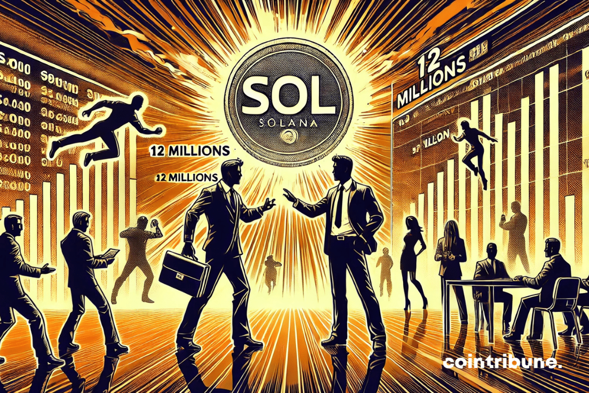 Crowded trading room with Solana statistics in the background