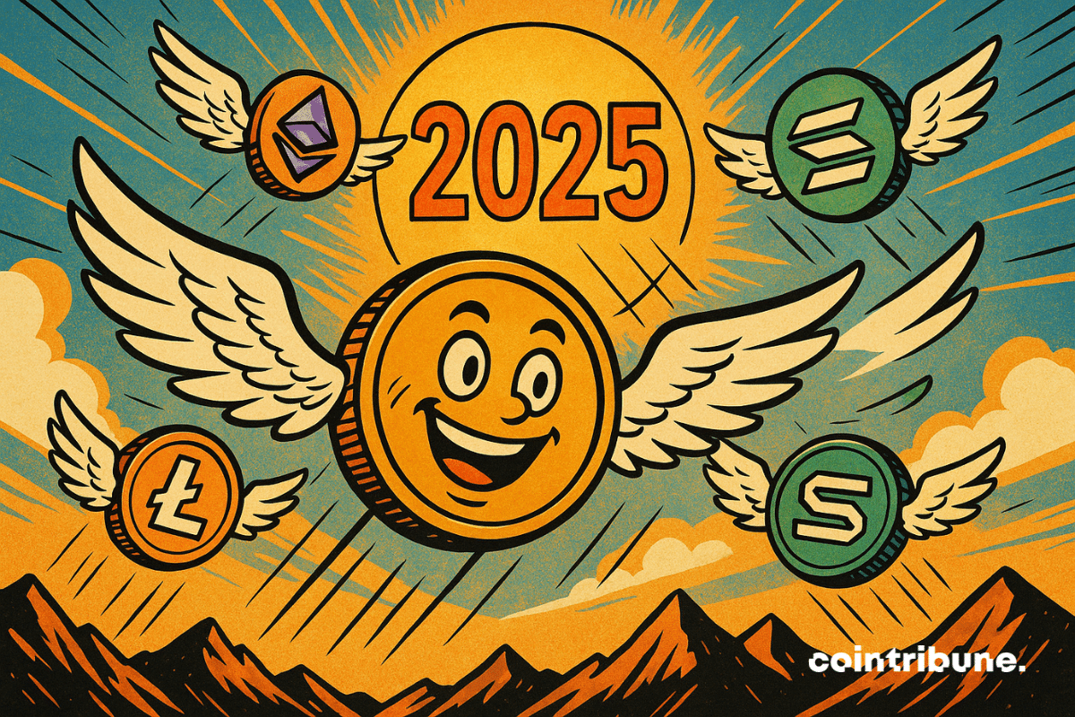 Varias criptomonedas estilizadas con caras felices, alas desplegadas, Bitcoin, altcoins, etc. alzando el vuelo.