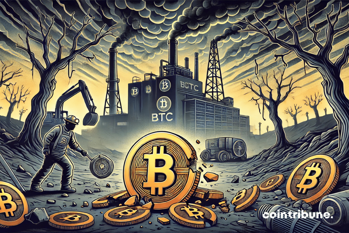 Uma paisagem ao ar livre mostrando uma fábrica de mineração de Bitcoin ao fundo, com árvores mortas ou características devastadas ao fundo. Um minerador de macacão, de cabeça baixa, observando uma máquina de mineração que quebrou ou parou de funcionar.