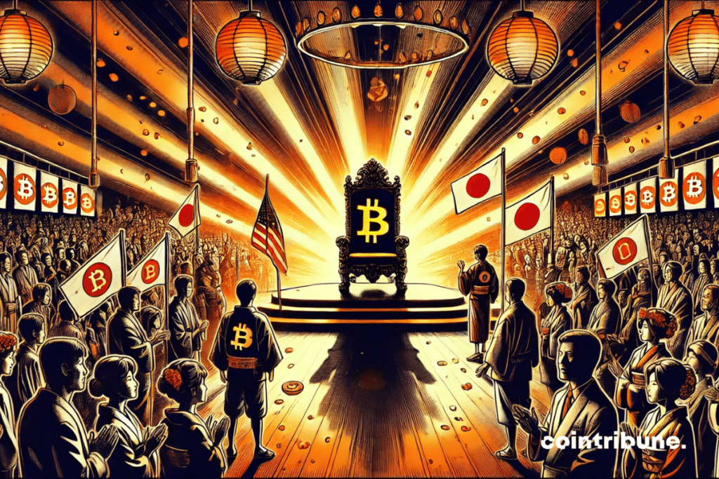 Crowds around an empty throne with “50” and “Bitcoin” signs. Wide shot of a jubilant crowd.