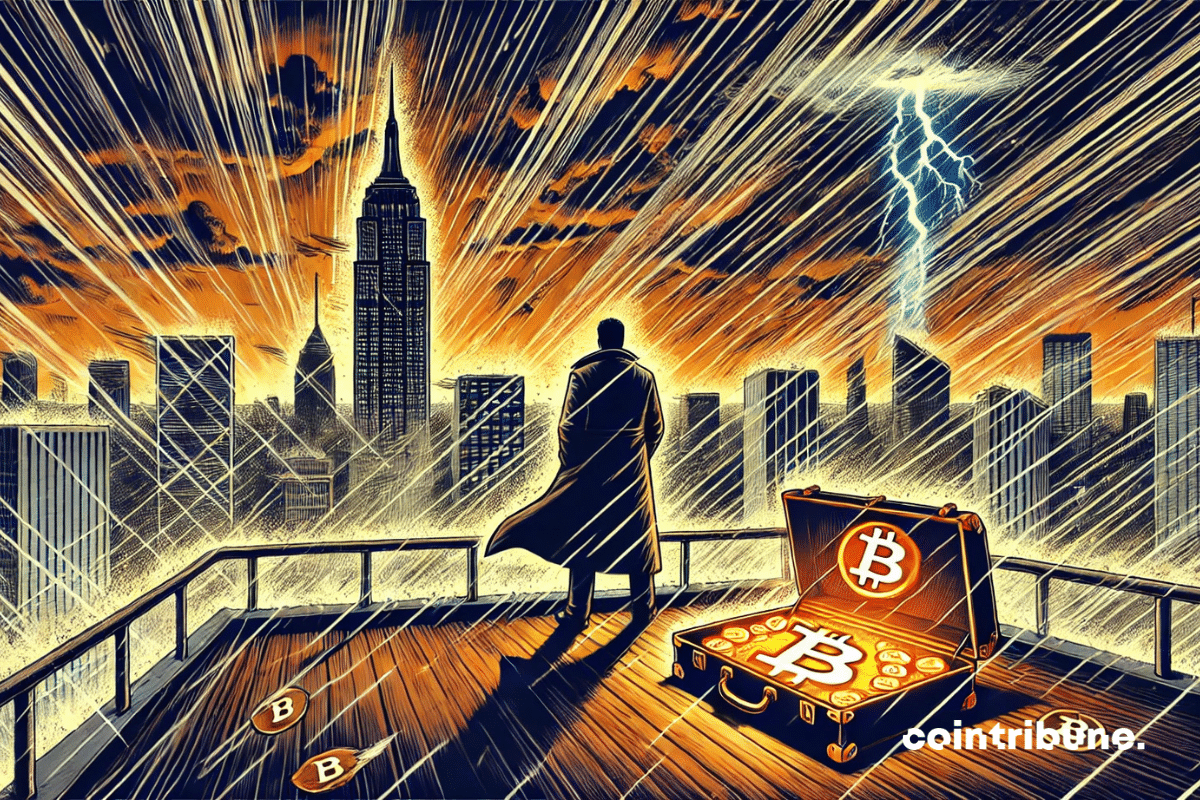 Saylor, da Strategy, em uma plataforma alta, olhando para uma cidade varrida por uma tempestade negra. À sua frente: uma maleta entreaberta cheia de moedas bitcoin.