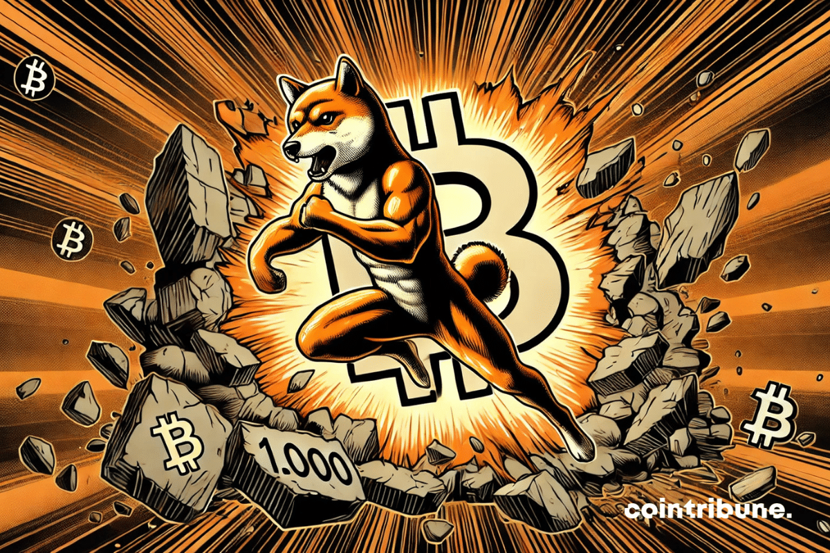 Um Shiba antropomórfico musculoso, em posição de corredor, salta, rompendo uma parede rachada com o símbolo do Bitcoin gravado nela.