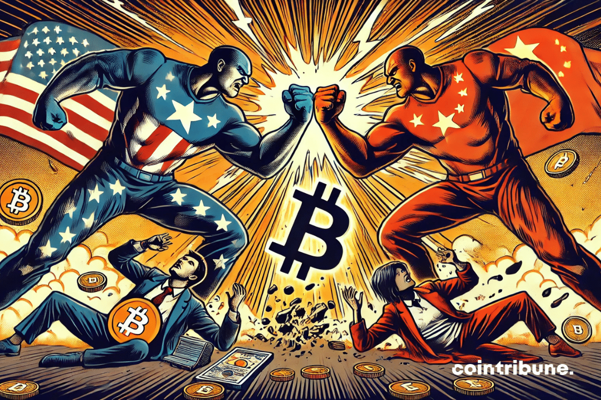 Dois titãs estilizados (um com traços americanos e outro chinês) se enfrentam no centro, com seus punhos se chocando com um relâmpago. Abaixo, duas figuras representando criptomoedas e ações de tecnologia estão de joelhos, esmagadas pela explosão do confronto.
