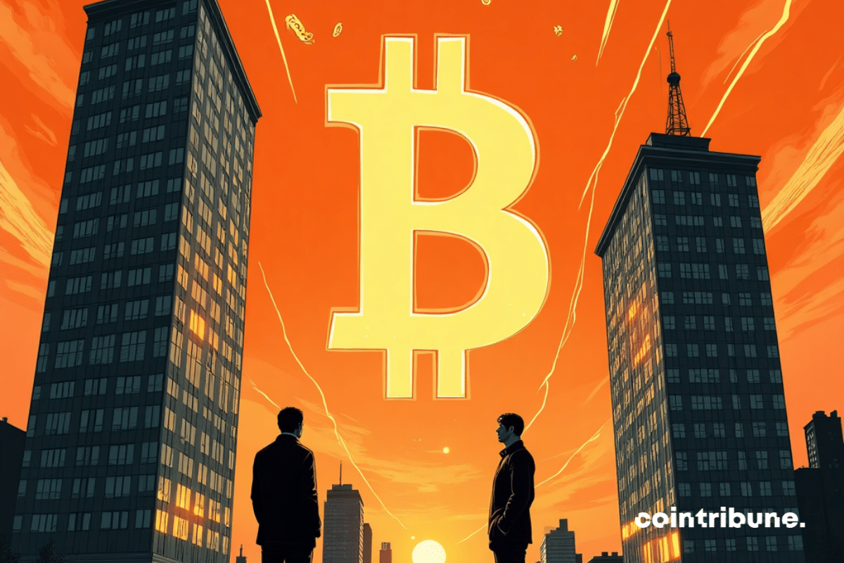 Bitcoin escapando de dos edificios de intercambio mientras personajes presas del pánico miran, ilustración de cómic retro en tonos anaranjados.