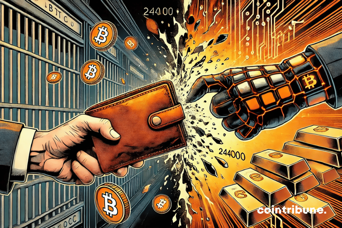 A shattered wallet is forcibly pulled between two opposing worlds: on the left, a gloved hand pulls it towards a mountain of gold bullion in a dark vault; on the right, a digital, pixelated hand pulls it into a futuristic digital universe. The wallet, overheated, leaks orange numbers like blood.
