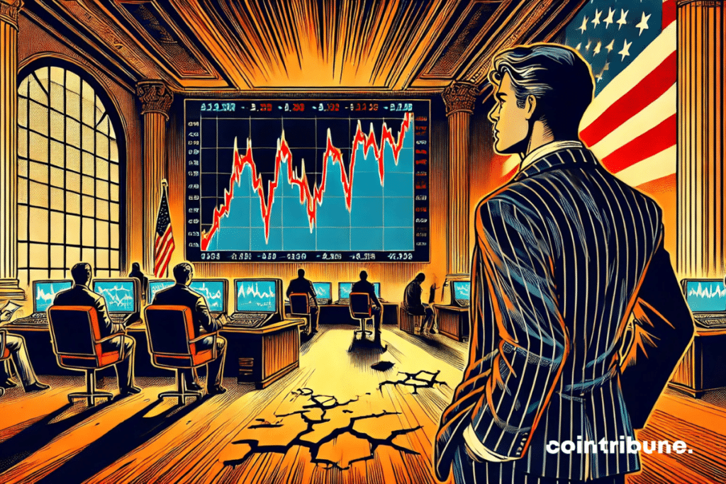 Financial analyst in suit, staring at a screen showing a jagged chart. Markets calm down despite escalating trade war