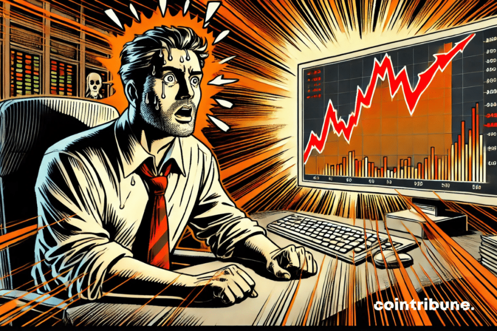 Trader au visage crispé, les yeux rivés sur un écran. L’écran affiche une courbe rouge plongeante, suivie d’un rebond brutal en orange