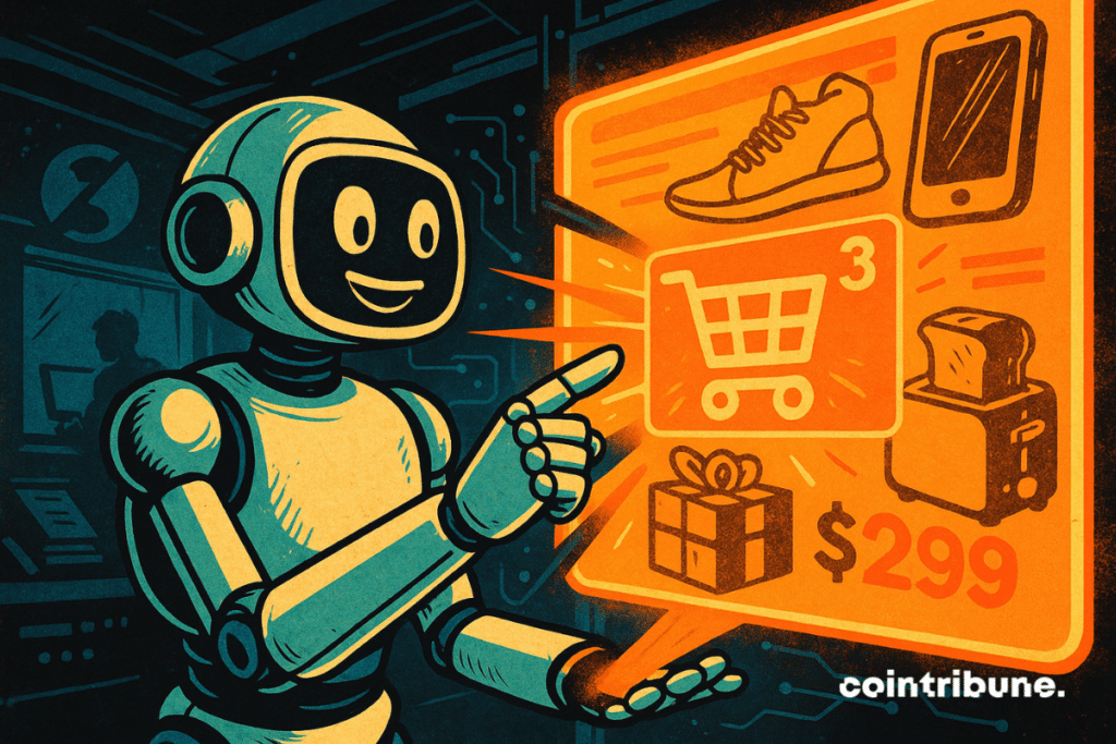 Friendly-looking humanoid robot (representing ChatGPT) shopping.