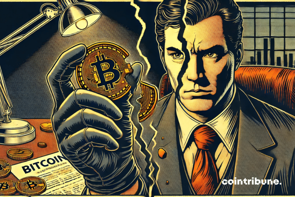 A banker holding a broken bitcoin coin