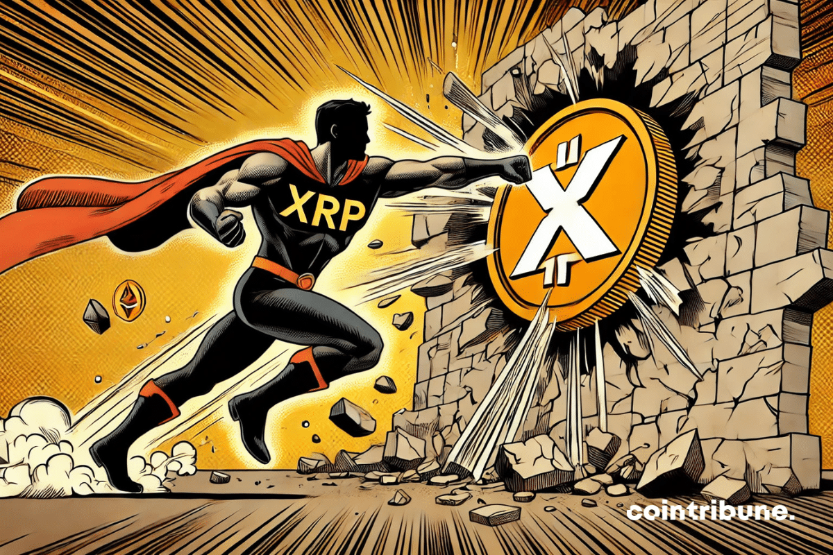 Crypto XRP as a superhero character hitting a wall