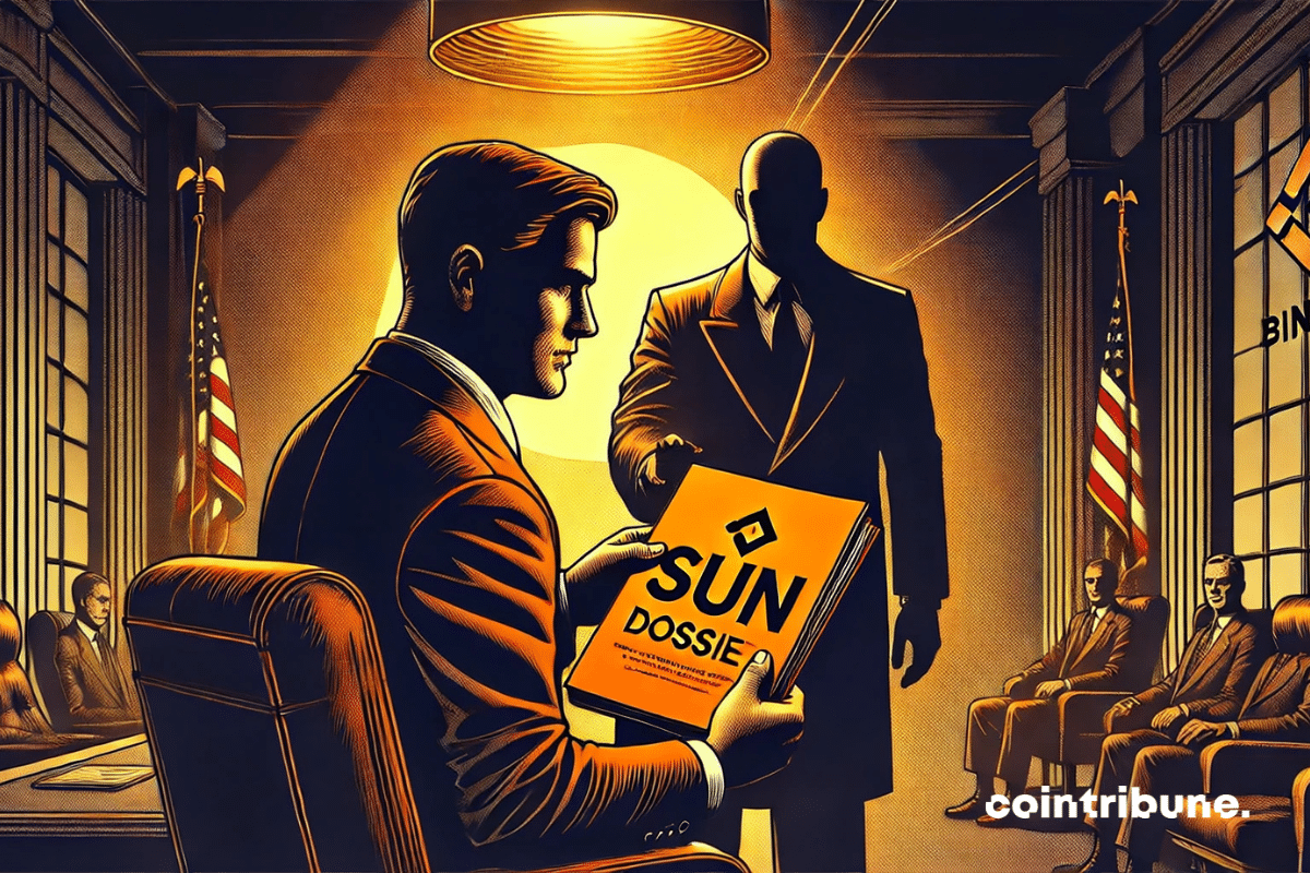 CZ de Binance virando as costas, entregando um arquivo a uma figura indistinta em um terno escuro (Sun).