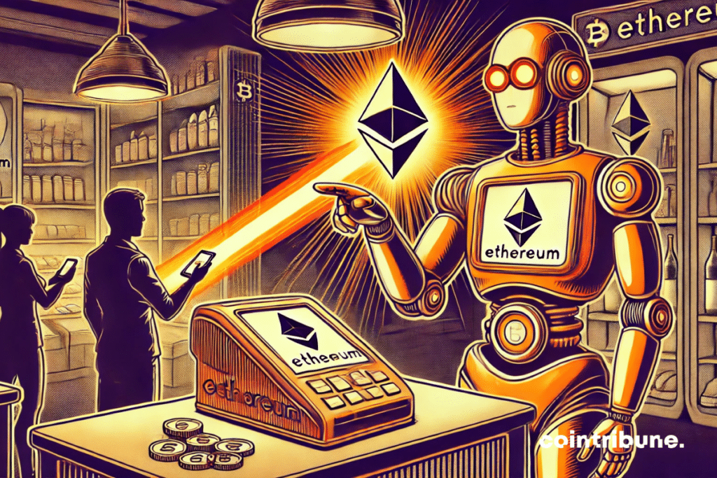 Interior de una tienda, plano medio. Cajero robótico estilizado vintage en negro y naranja. Brazos levantados con un «escáner» de Ethereum en el extremo.