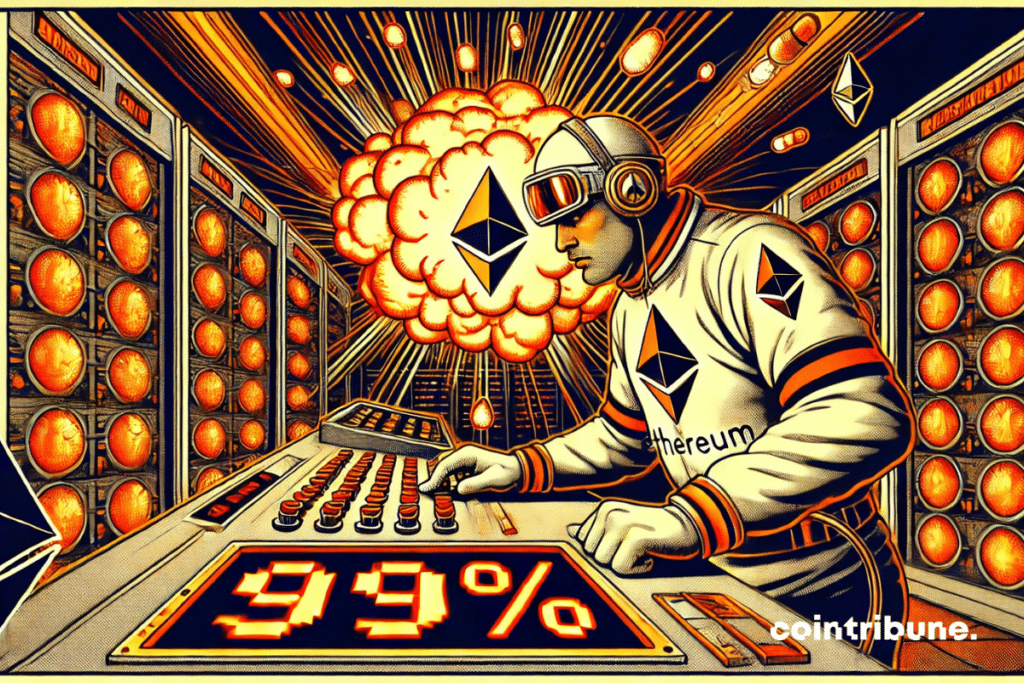 Salle serveur futuriste, cadrage légèrement en plongée. Un technicien avec un casque stylisé Ethereum, en combinaison blanche. Penché vers une console qui clignote en rouge.