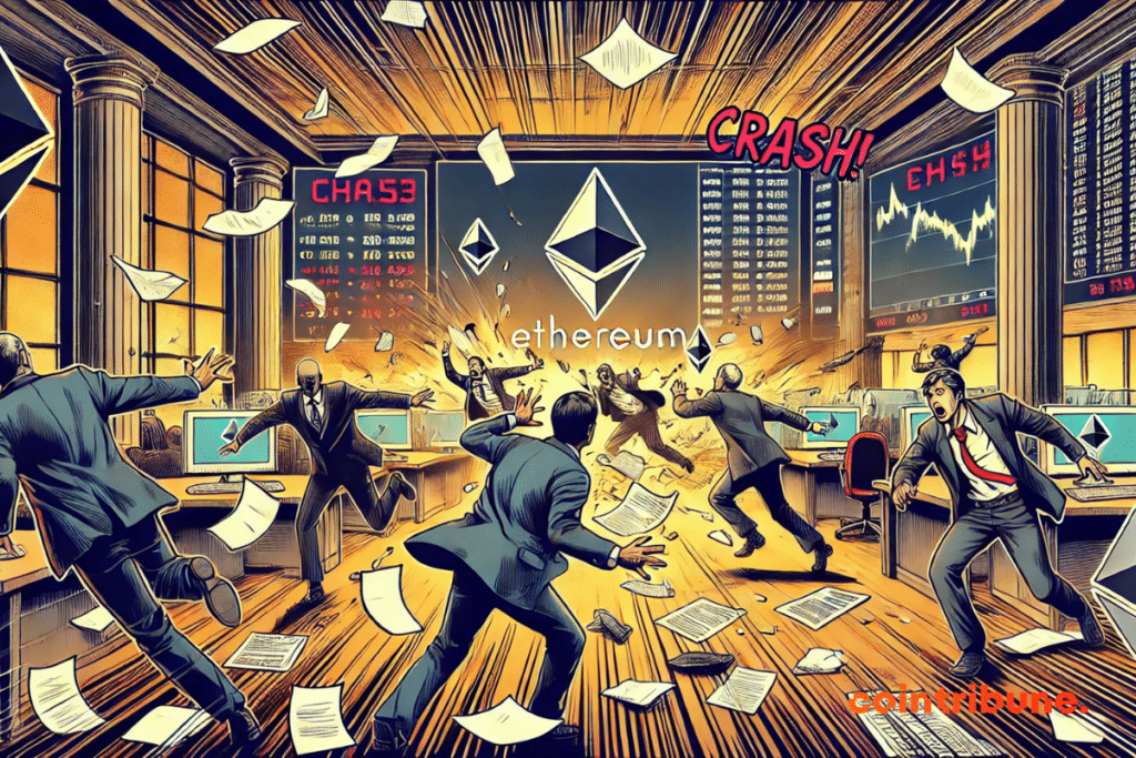 Uma tomada ampla mostrando um gráfico de ações entrando em colapso em uma sala de negociação escura e caótica. Um operador de mercado em um terno formal olha desesperadamente para a tela do computador enquanto o Ethereum cai.