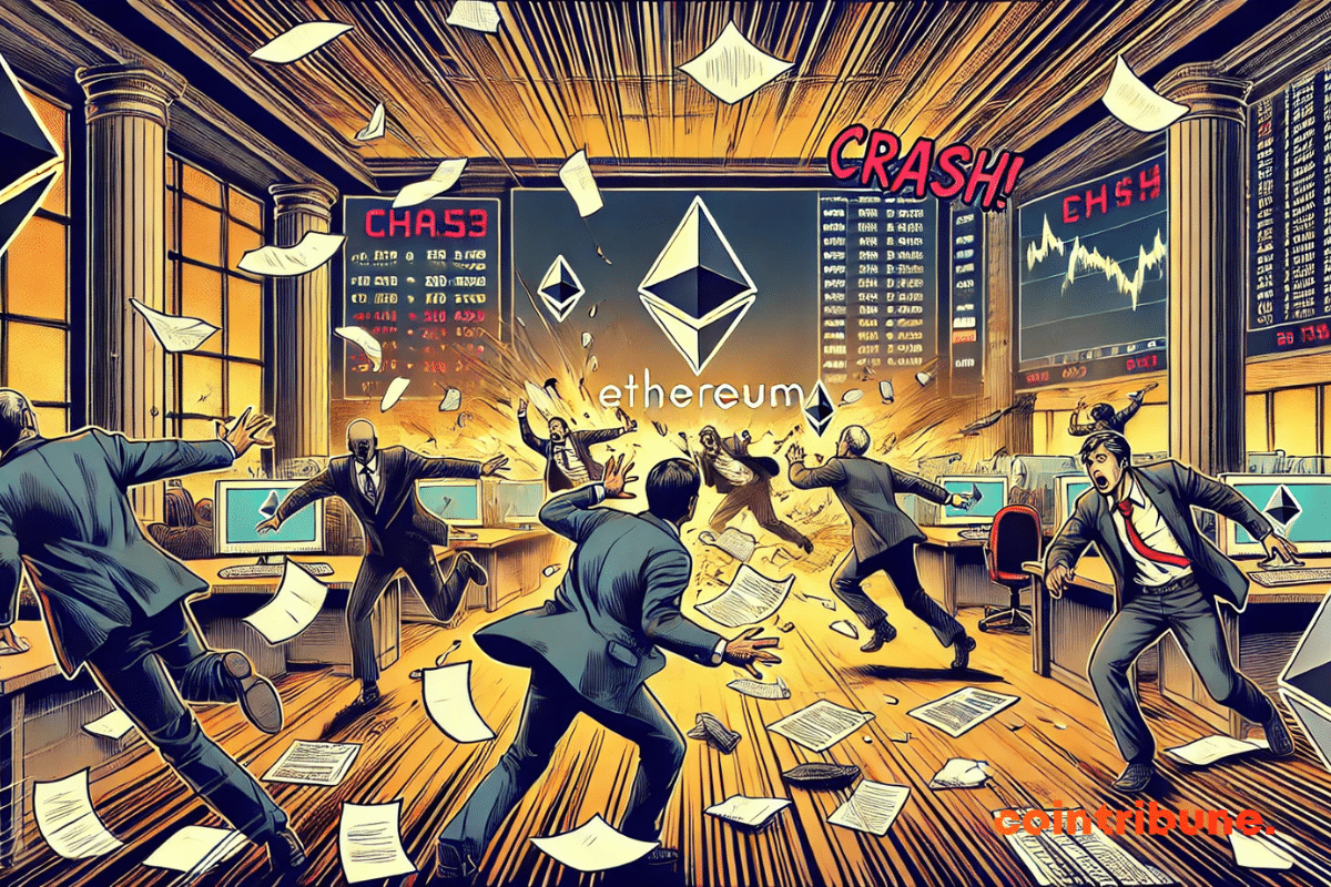 A wide shot of a stock chart collapsing in a dark, chaotic trading room. A trader in a formal suit stares desperately at his computer screen as Ethereum plummets.