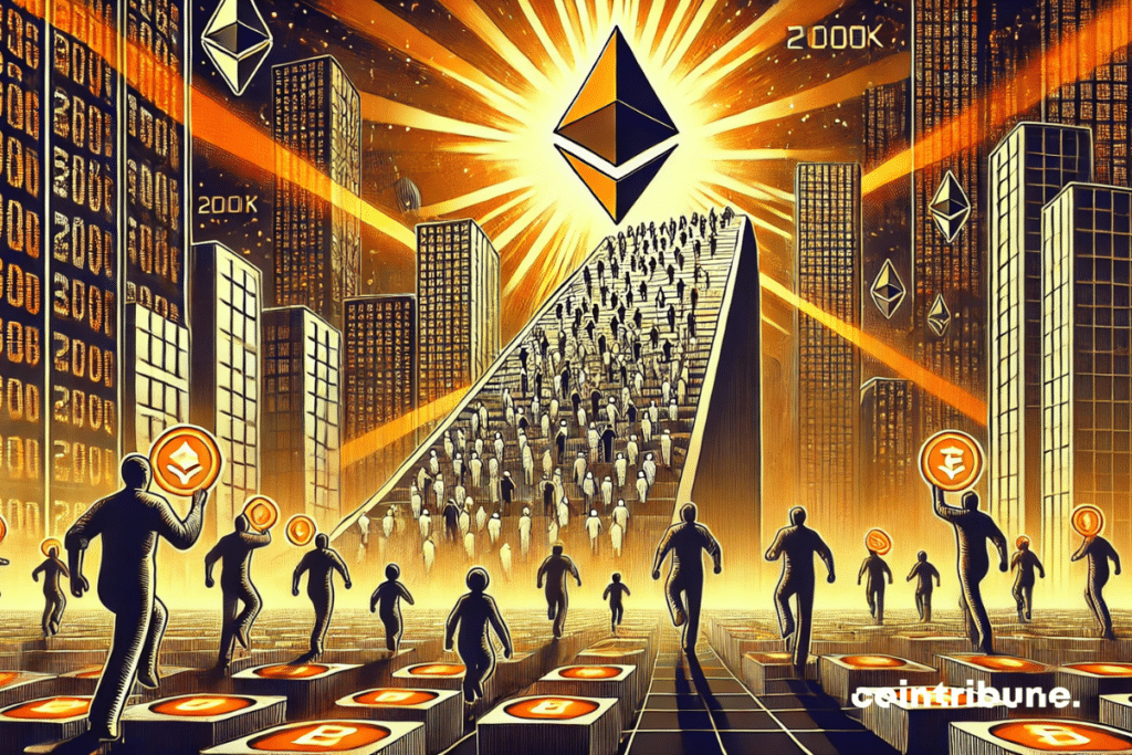 Cientos de siluetas anónimas suben los escalones de Ethereum, cada una portando una brillante stablecoin.