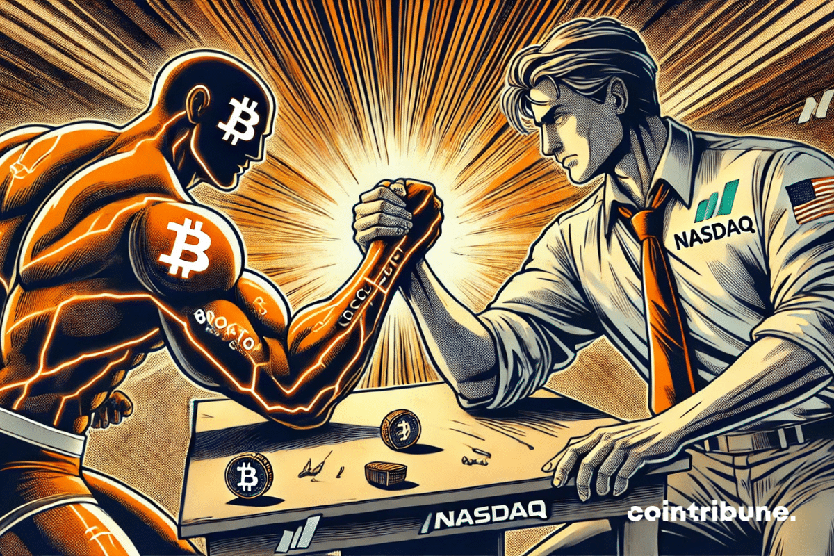 Mesa de braço de ferro, ambiente tenso e concentrado. Braço criptográfico vs braço Nasdaq