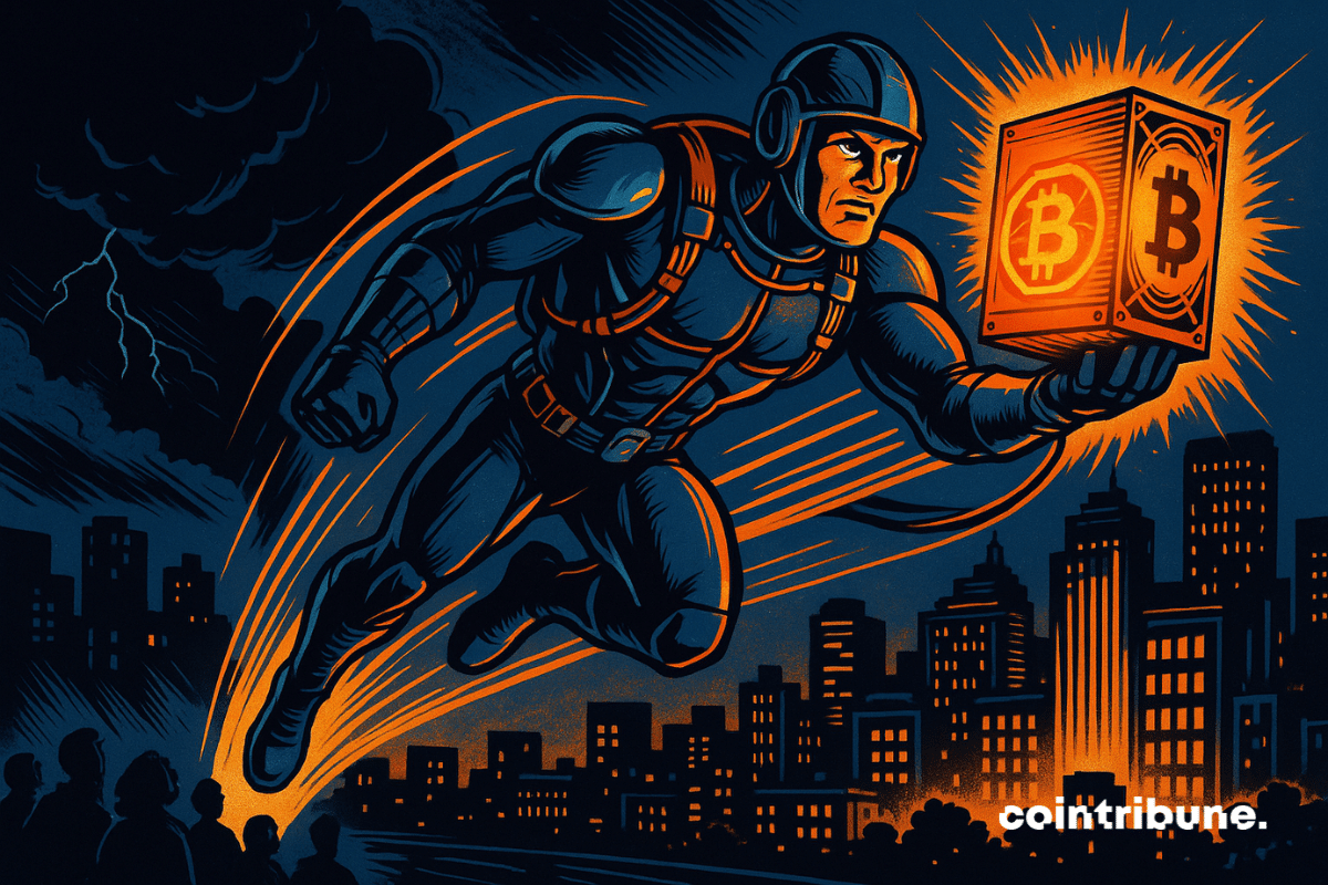 Un superhéroe futurista disfrazado de minero de bitcoins se eleva sobre una ciudad sumida en la oscuridad. En su mano, una plataforma minera naranja brilla intensamente, iluminando una mitad de la ciudad mientras la otra permanece en la sombra. Los ciudadanos admiran la escena desde el suelo, testigos de esta heroica intervención contra el apagón. El estilo gráfico, típico del cómic de los años setenta, combina líneas dinámicas, colores contrastados y tensión dramática.