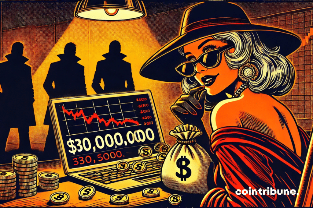 An elegant woman fan of MELANIA Coin with a glamorous vintage look, dark glasses, wide-brimmed hat. Leaning towards an open laptop, a wry smile on her face.