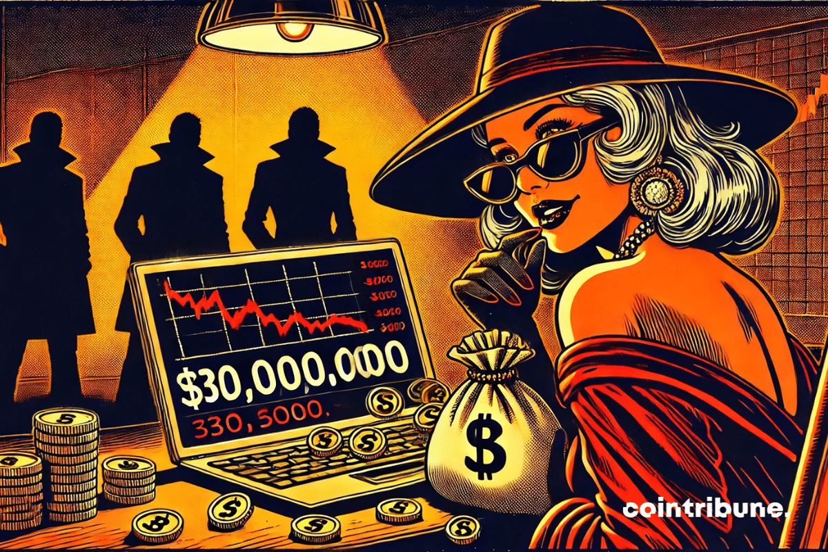An elegant woman fan of MELANIA Coin with a glamorous vintage look, dark glasses, wide-brimmed hat. Leaning towards an open laptop, a wry smile on her face.