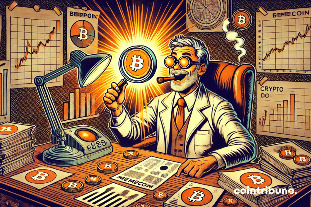 Old investor, mad professor style, with magnifying glass on a memecoins coin.
