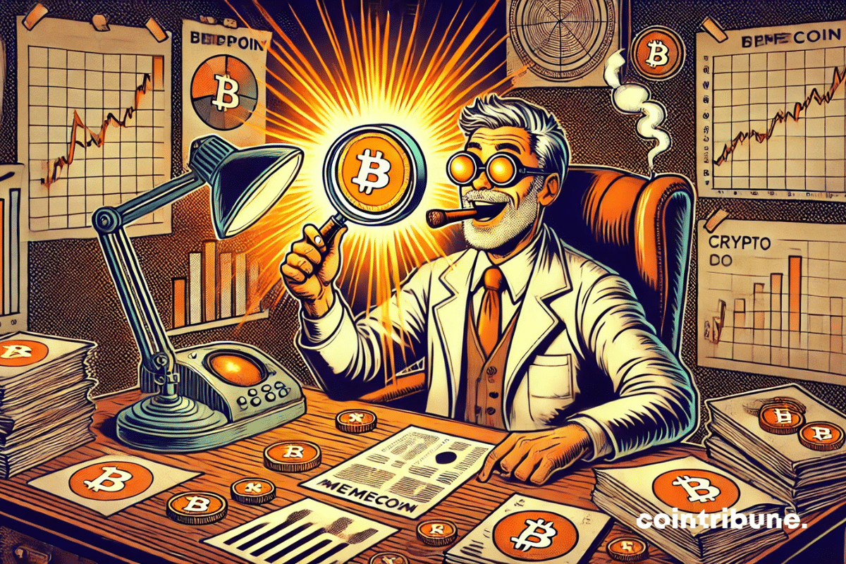 Old investor, mad professor style, with magnifying glass on a memecoins coin.