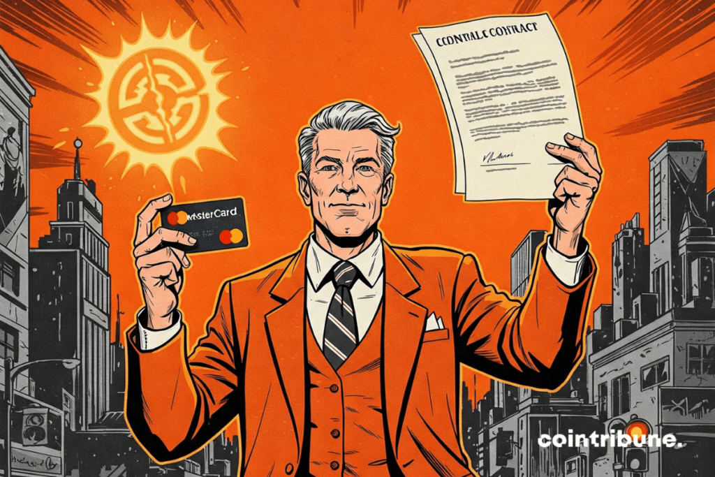 Paiement crypto : un personnage de Mastercard levant un contrat symbolique dans une main et une carte de crédit dans l’autre