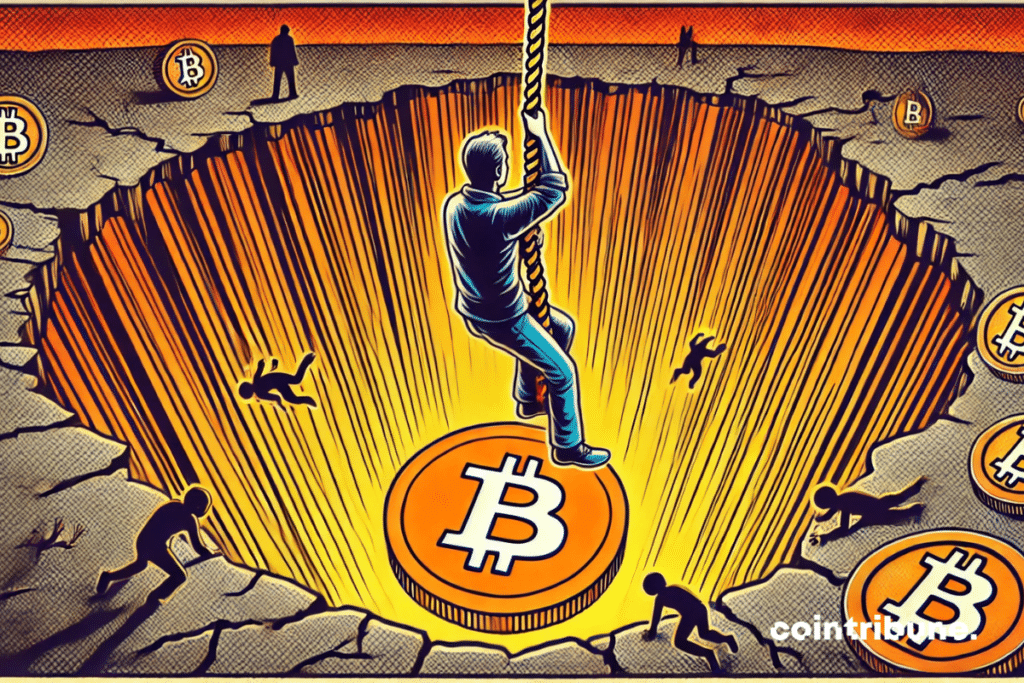 A civilian-looking investor in a crouched position, holding a cracked Bitcoin glowing orange. Determined look.