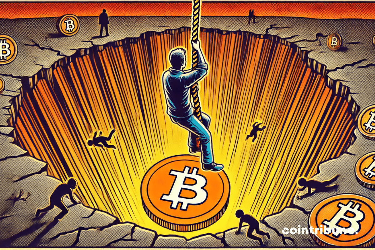 A civilian-looking investor in a crouched position, holding a cracked Bitcoin glowing orange. Determined look.