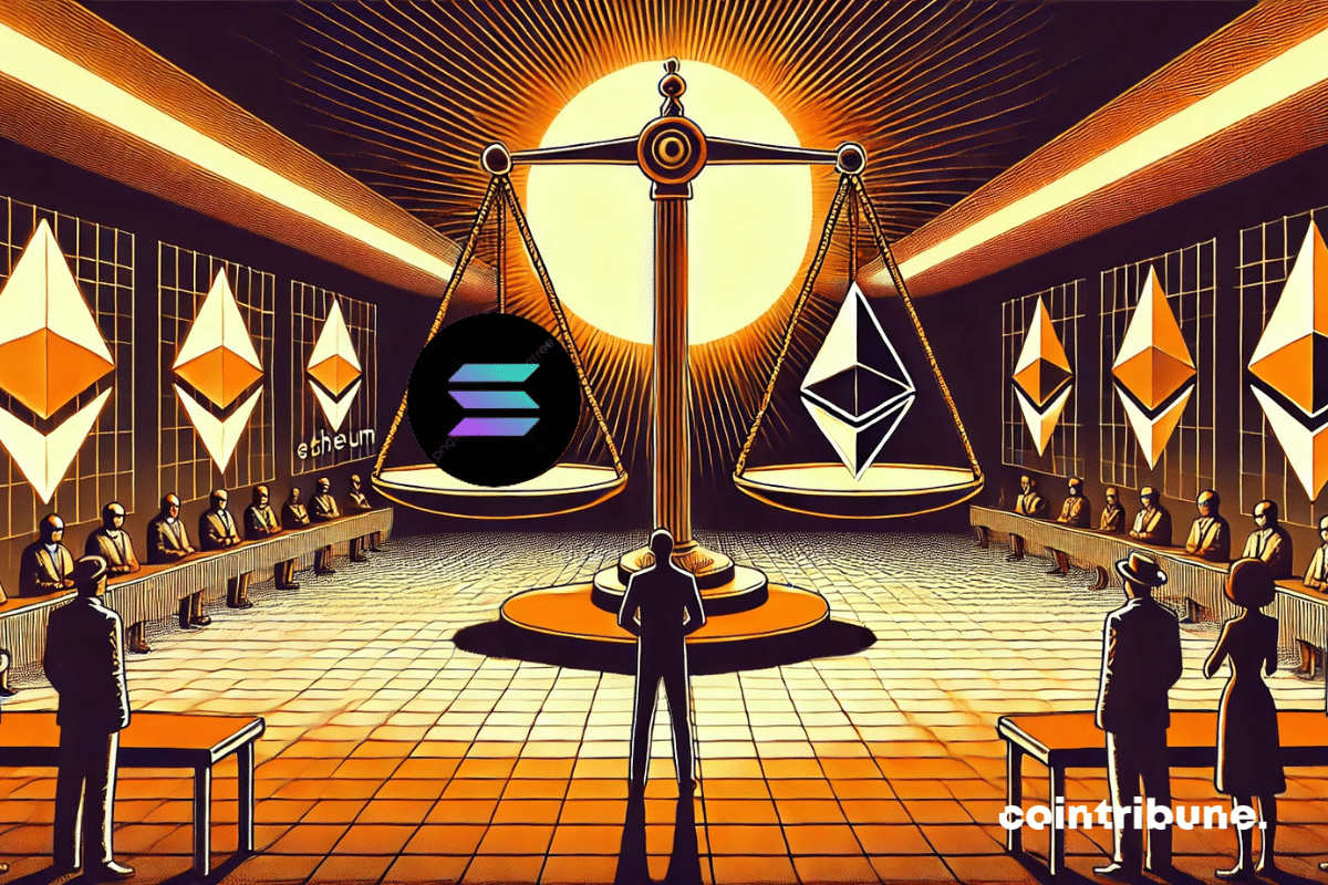 Minimalist clean room, center on a large scale. The Uniswap founder, focused, places a weight marked “DeFi” on the Solana and Ethereum tray.