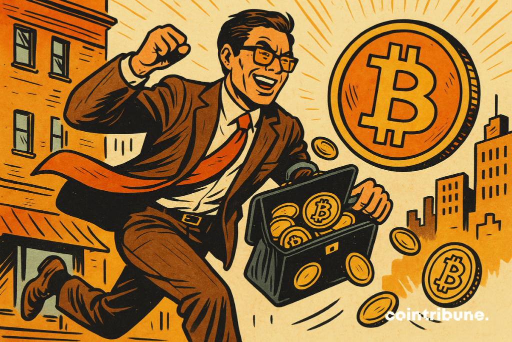 Broker vintage con chaqueta grande, gafas tintadas, maletín rebosante de Bitcoin