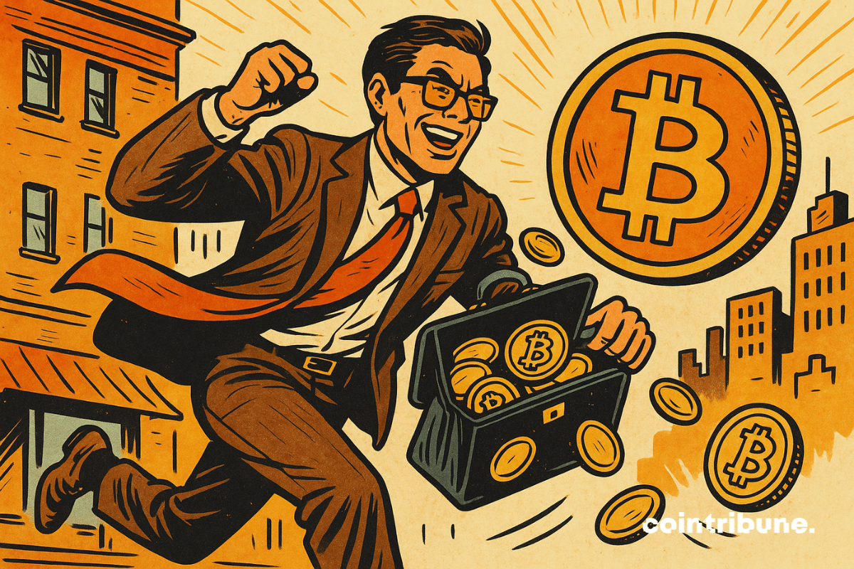 Broker vintage con chaqueta grande, gafas tintadas, maletín rebosante de Bitcoin