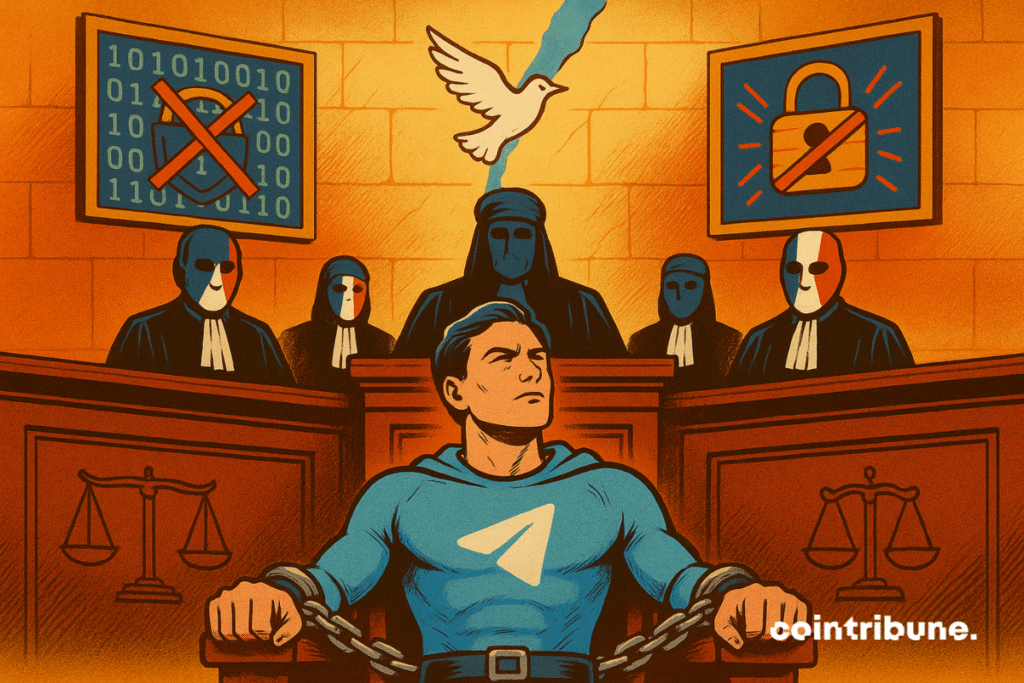 Um super-herói acorrentado, representando o Telegram, enfrenta juízes mascarados em um tribunal. Atrás, ícones de vigilância e criptografia quebrada.