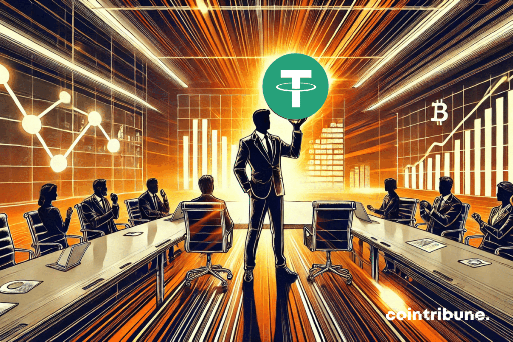 The launch of a revolutionary stablecoin: a financial executive holds a luminous stablecoin prototype, symbolizing digital stability, in a futuristic conference room.