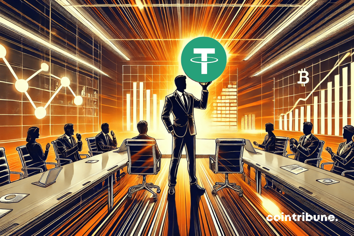 The launch of a revolutionary stablecoin: a financial executive holds a luminous stablecoin prototype, symbolizing digital stability, in a futuristic conference room.