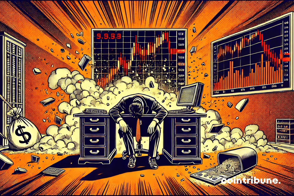A Bitcoin trader in the center, slumped over his desk, the digital walls crumbling like sand, with red curves collapsing.