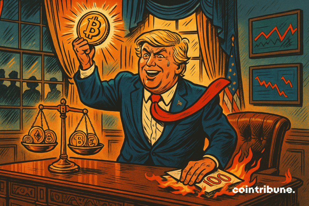 Donald Trump, caricaturizado en el Despacho Oval, sostiene un Bitcoin incandescente mientras quema un billete de 100 dólares, rodeado de cripto símbolos y gráficos.