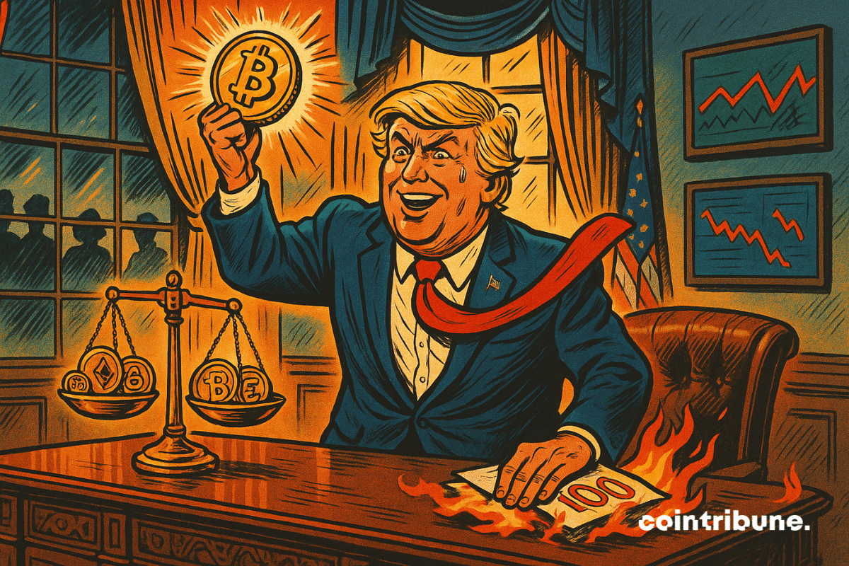 Donald Trump, caricaturizado en el Despacho Oval, sostiene un Bitcoin incandescente mientras quema un billete de 100 dólares, rodeado de cripto símbolos y gráficos.