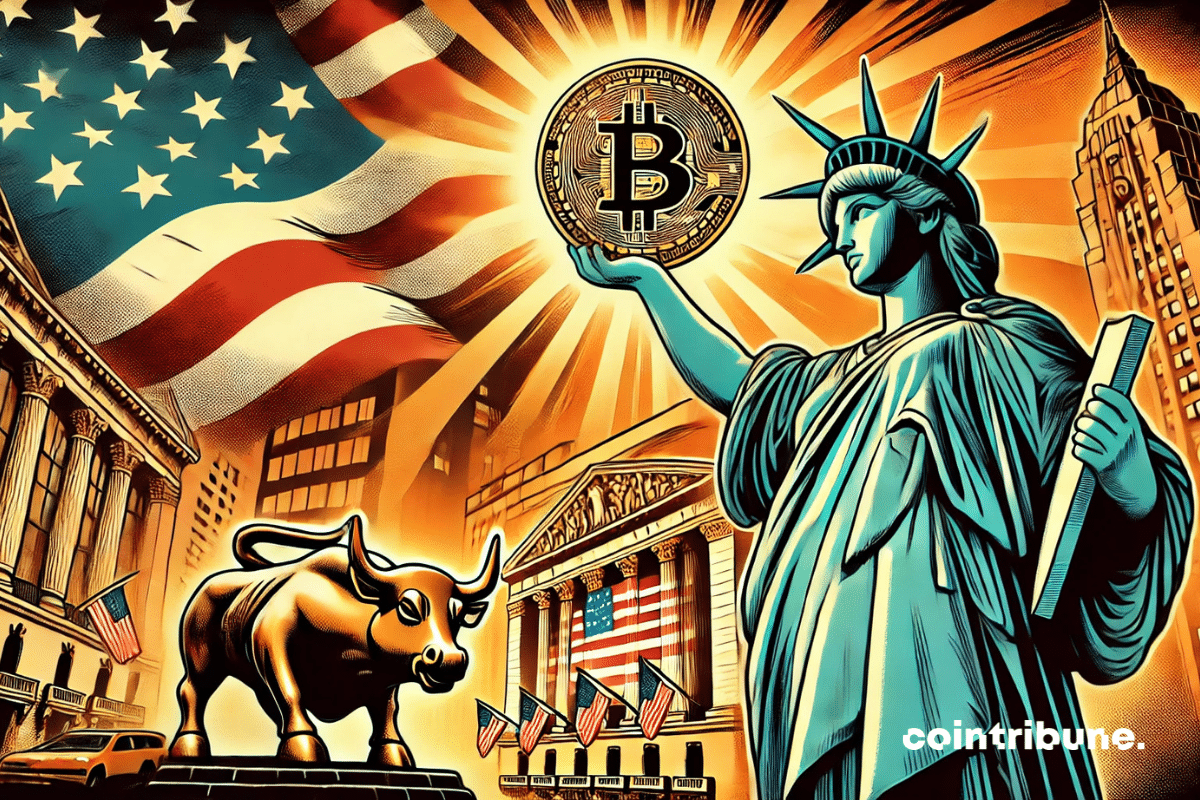 A Estátua da Liberdade e a bandeira dos Estados Unidos ao fundo