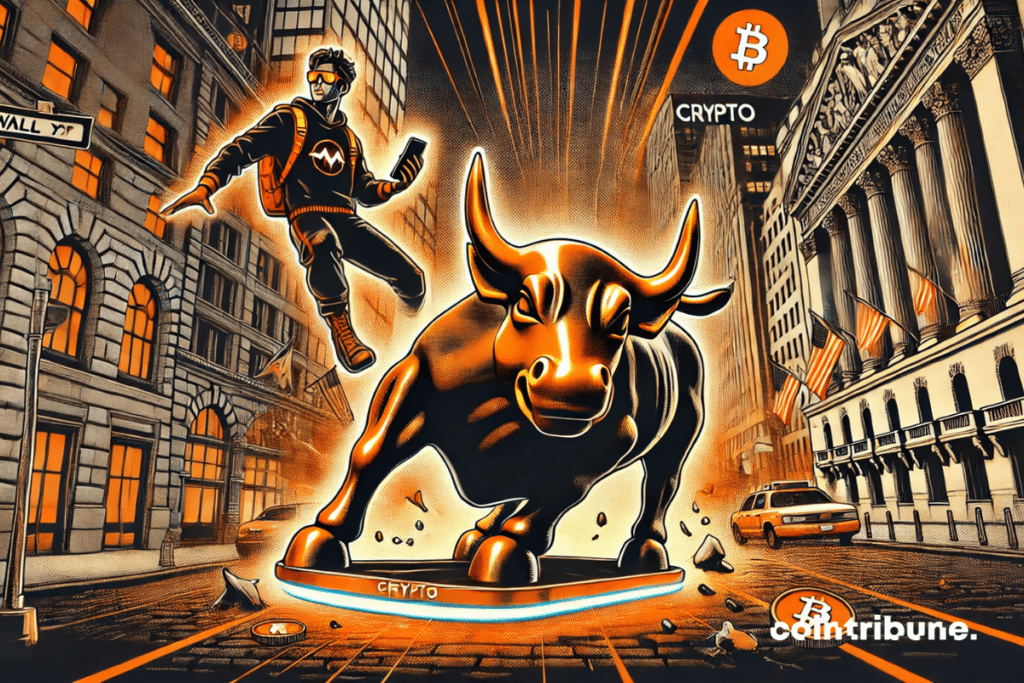 El tatuaje del toro de Wall Street, agrietado e inclinado, mientras un personaje futurista (cripto) monta en hoverboard sobre él.
