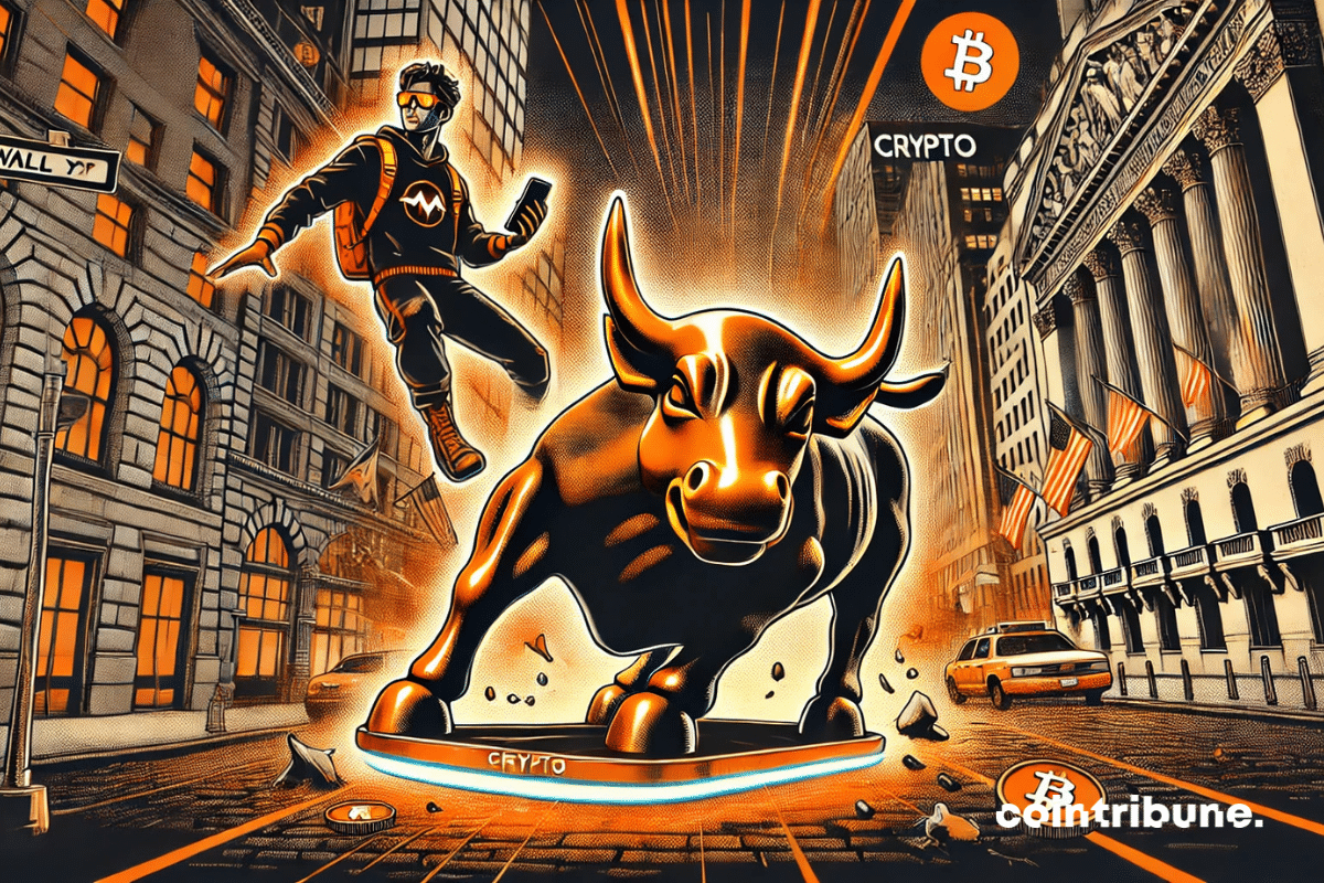 A tatuagem do touro de Wall Street, rachada e inclinada, enquanto um personagem futurista (cripto) monta um hoverboard sobre ela.